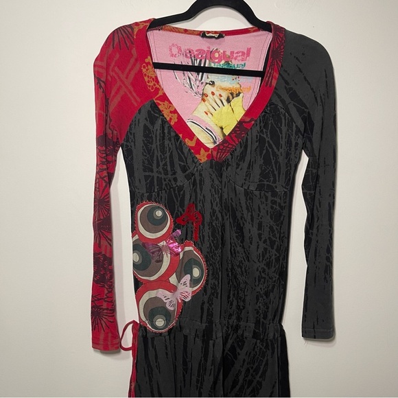 Desigual Women’s black Red Vintage long sleeve V neck A line Dress in size M - Picture 2 of 10